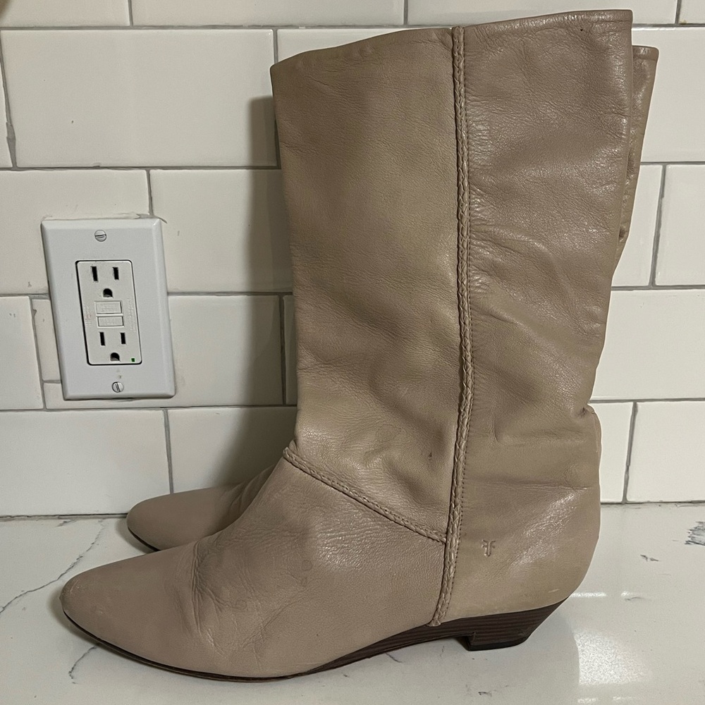 Vintage-Frye beige leather  slouchy mid-calf boots-Women’s  Sz 10-Breakfast Club
